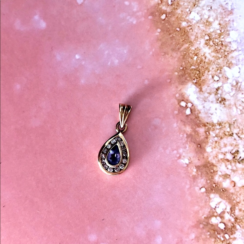 10k Tanzanite & Diamond Yellow Gold Pear Shaped Bezel Halo Vintage Pendant